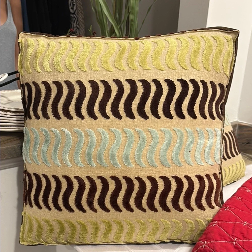 2 Canaan Co.Throw Pillows with Chartruse, Brown and Light Blue Geometric Accents